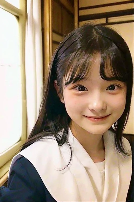 from above,(wariza:2),relieved face,look up,10-year-old Elementary school girl with long black hair