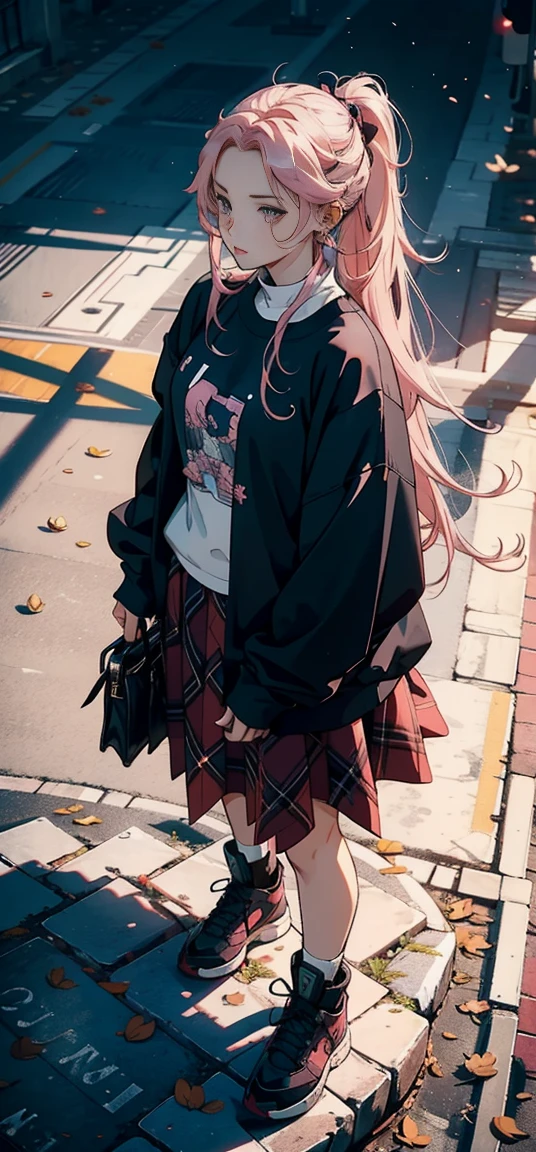 an RPG token, top view, top view, character looking down, woman wearing a modern outfit, black sweatshirt and plaid skirt, white background, long pink hair, more variations, similar to the second one, more variations, more variations, more variations, Full body