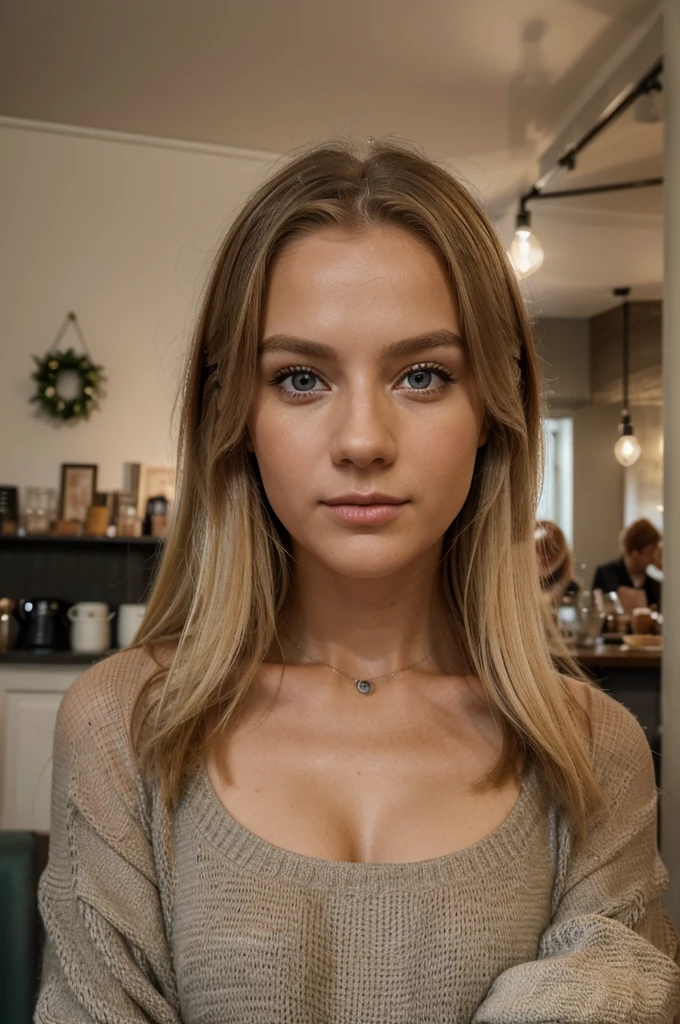 ((best quality)), ((Meisterwerk)), (Detailliert), Perfektes Gesicht, 1.1, Hochdetaillierte Gesichts- und Hautstruktur, Detaillierte Augen, Anna Björn a 21 year old blonde swedish girl, selfies in her room, modest clothing, cute makeup