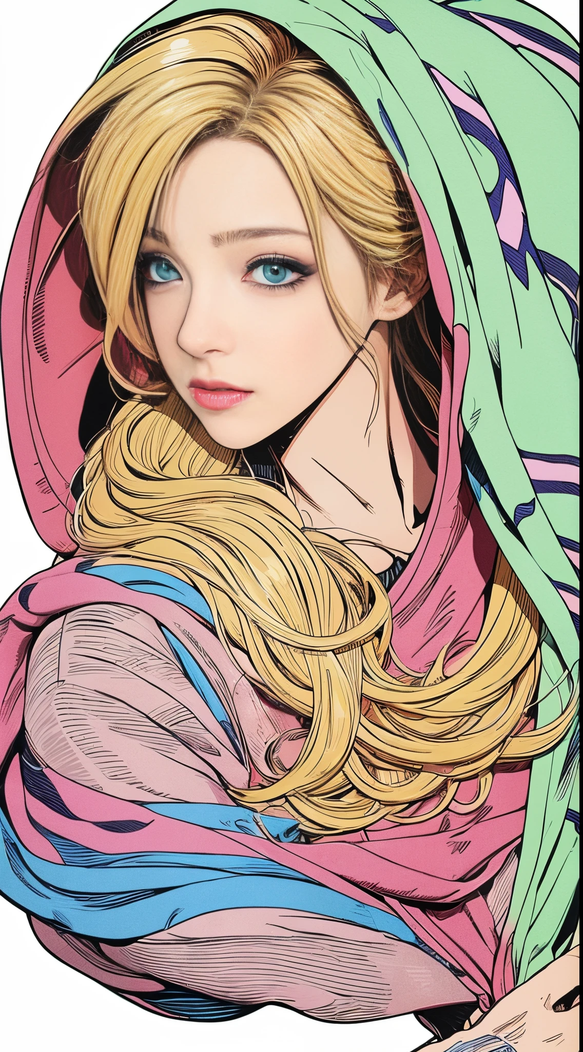 Professional photo of a young woman close up, wrapped in a colorful warm blanket, cel shading, bold outlines, flat colors, sharp shadows, graphic style, (manga influence:1.3), Clean Line Art, stunning visual,comic