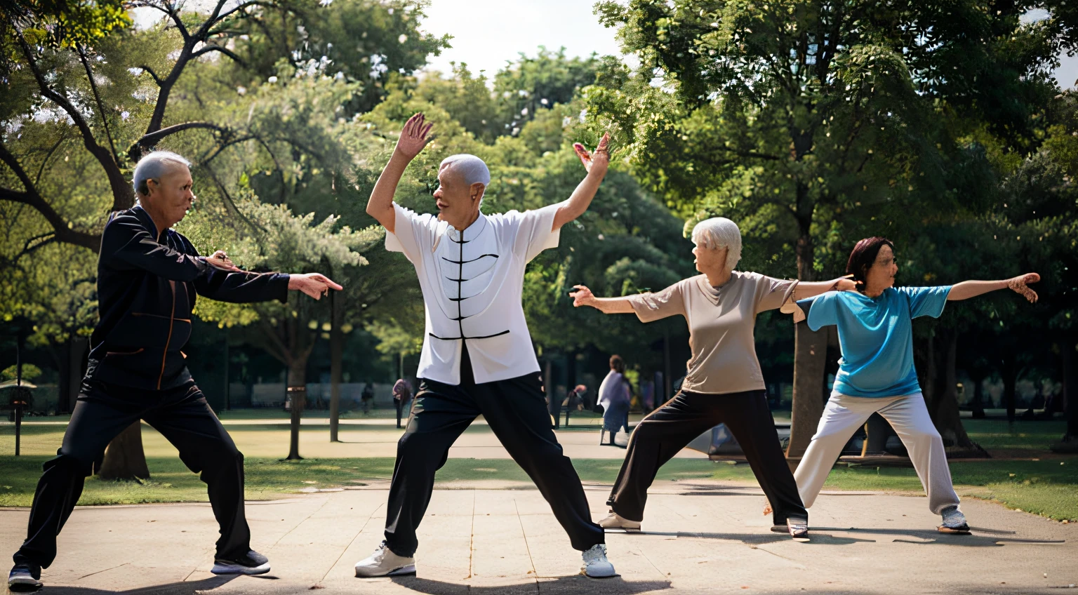 Two old men, A man and a woman, Tai Chi in the park