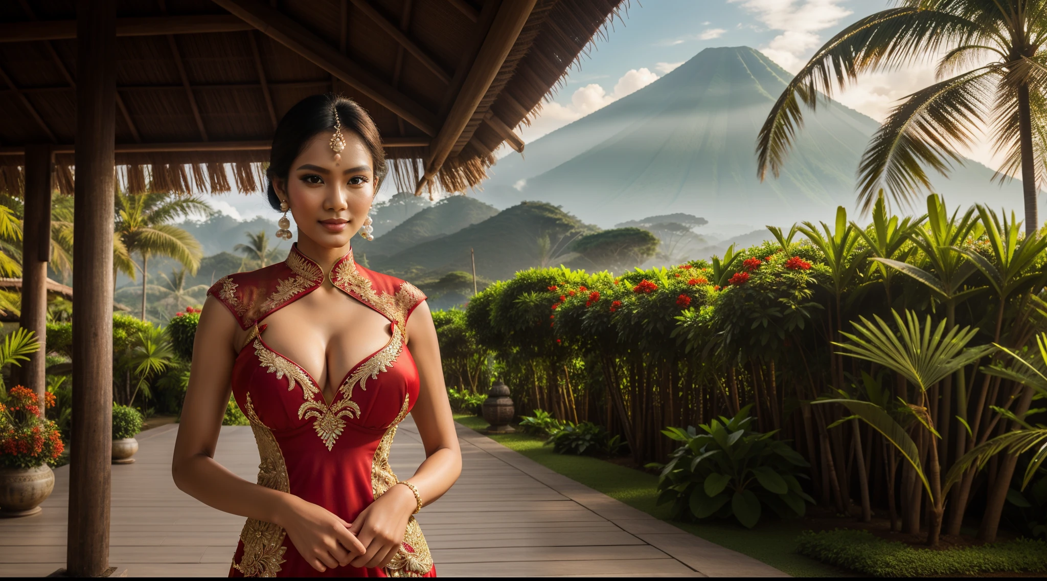 (((a girl (stand:1.2) alone))),((full-body:1.5, cinematic-shot)),(best quality,4k,8k,highres,masterpiece:1.2),ultra-detailed,(realistic,photorealistic,photo-realistic:1.37),(beautiful and aesthetic:1.2),vibrant color,(film grain:1.3).

(1girl),(solo),((1 person)),(17years-old),[Raiana-Elizabeth-Dilla],pearl skin,(skin pores:1.1),beautiful detailed eyes,beautiful detailed lips,extremely detailed eyes,longeyelashes,extremely detailed face and skin texture,(skin texture:1.1),black hair,tall and slender body,(192cm tall),thin and delicate figure,graceful posture,flawless skin,defined abs,perfect curves,feminine appearance,beautiful long legs,embodying elegance and beauty,(cleavage breasts,large breasts:1.4),((wearing a (red ultra-short kebaya-dress:1.4))),extremely detailed and realistic (red) clothes,(shiny skin),((sharp focus:1.5)),(earringeathers:1.5).

[an Indonesian village, vibrant and lively, surrounded by the rich cultural heritage. The village is filled with colorful houses made of bamboo and wood, adorned with intricate carvings and decorations. The landscape is lush and scenic, with rice terraces stretching across the horizon, and towering palm trees swaying in the gentle breeze. In the background, the majestic silhouette of a volcano adds a dramatic touch to the scene. The colors are vivid and vibrant, reflecting the abundant nature and the cheerful spirit of the village. The lighting is warm and soft, casting a golden glow over the entire scene. The overall style of the artwork is a fusion of traditional and contemporary, showcasing the uniqueness of the Indonesian culture. The color palette is rich and diverse, with warm earth tones punctuated by pops of vibrant hues. The lighting is carefully crafted, illuminating the scene with a soft, diffused glow, creating a sense of warmth and tranquility]

Official art,extremely detailed,Angelic ethereal beauty,award-winning photography,studio photography,professional photography,depth-of-field,bokeh.