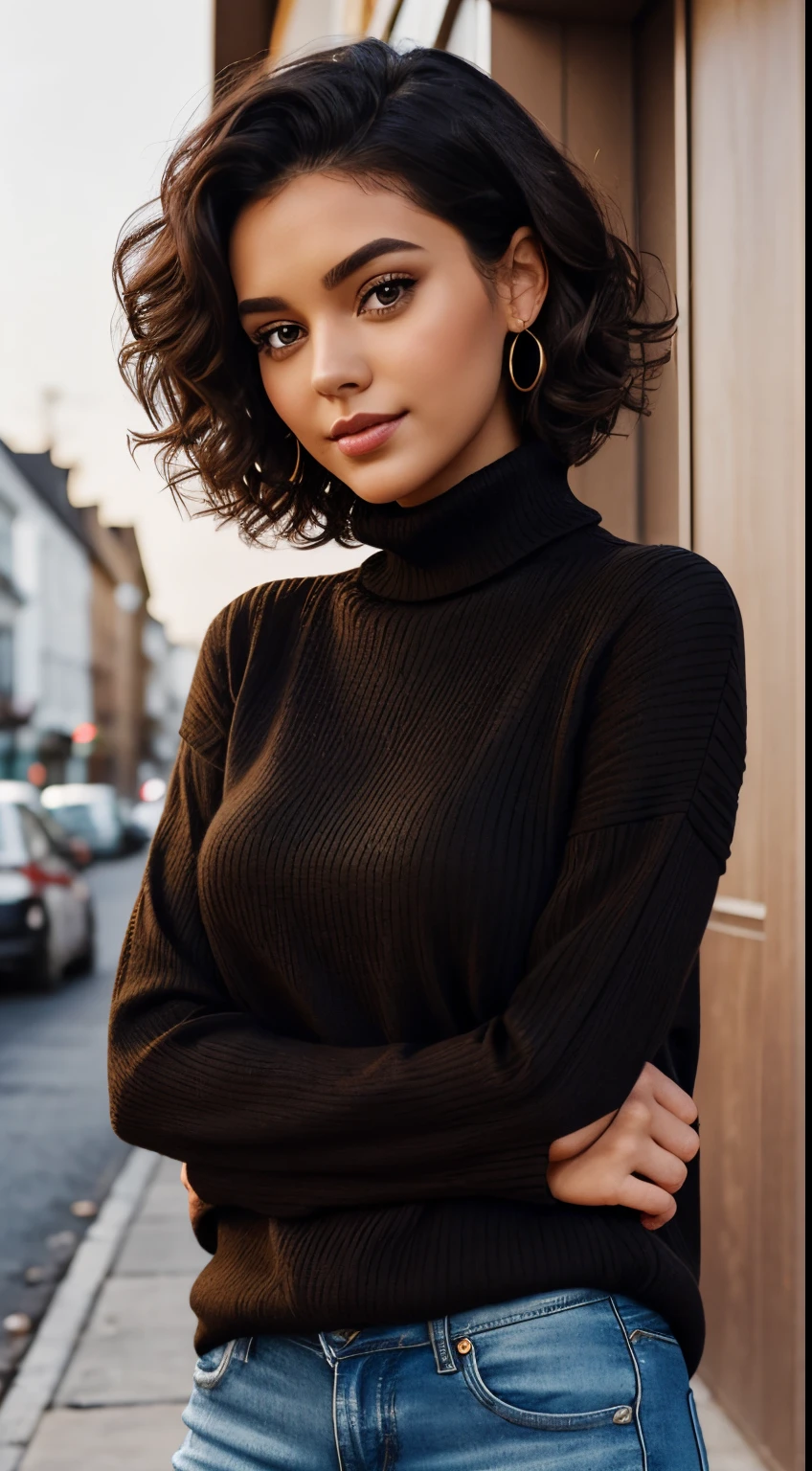 Beautiful Girl 25 years old, dark short curly hair, fine nice detaild face, black turtleneck longsleeve knitted tight sweather, brown eyes, long eyelashes, white jeans