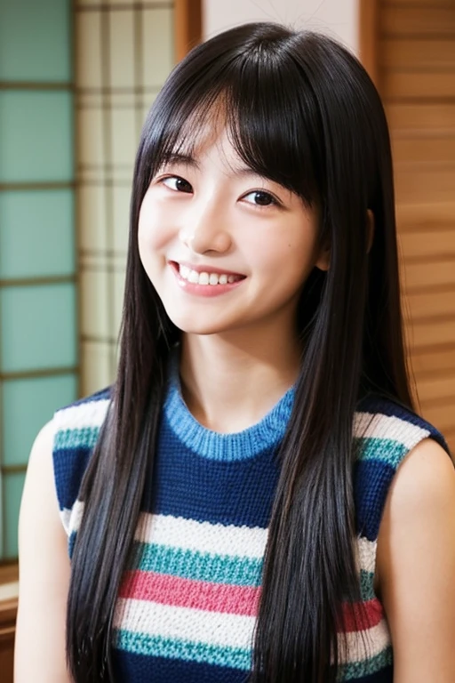 cute smiling girl in the room,Japan 17 years old,Long black hairstyle,I have a smartphone,pleasing