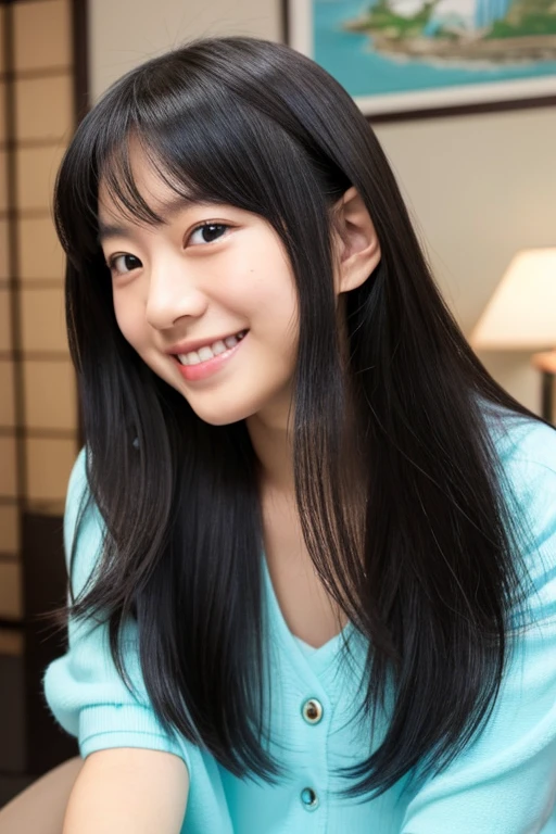 cute smiling girl in the room,Japan ,Long black hairstyle,I have a smartphone,Beautuful Women