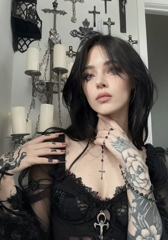 Mujer arafed con tatuajes y una cruz en el brazo., goth girl aesthetic, pale goth beauty, 1 7 -  - old h girl, gothic aesthetic, goth girl, gothic aesthetic, gothic horror vibes, very beautiful goth top model, Entintado, gothic ambient, con cabello largo y ojos penetrantes, gothic tattoos, con tatuajes, gothic style, goth girl, goth woman