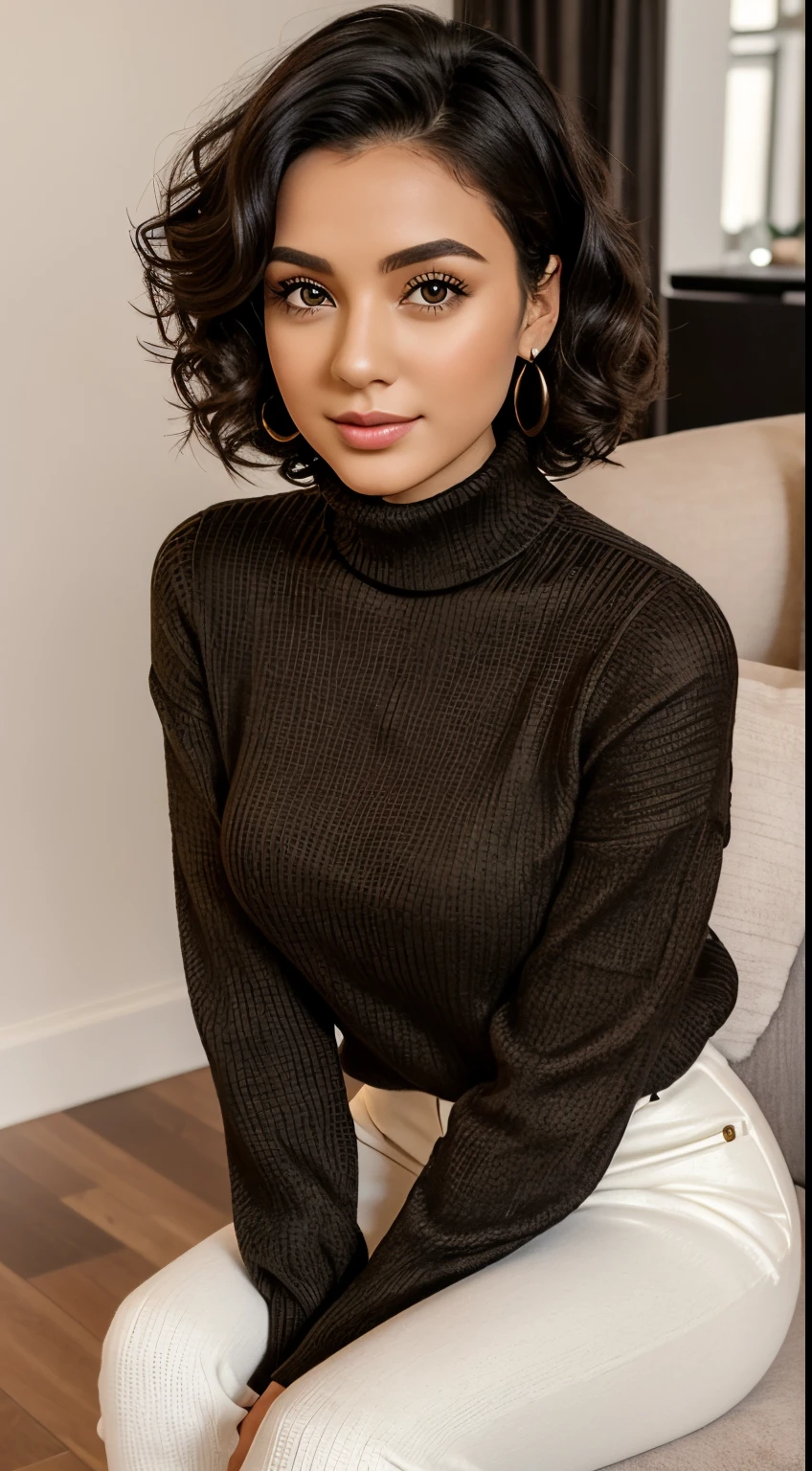 A woman sitting on a couch wearing a black turtle neck sweater - SeaArt AI