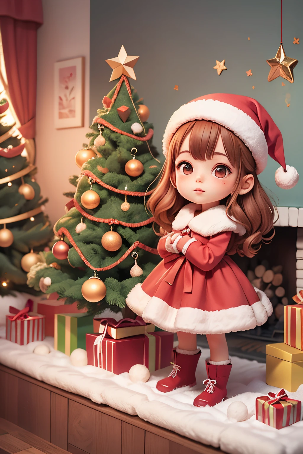 wallpaper hd,tmasterpiece.christmas:1.37,Chibi doll,(((1 Sister,Santa's hat,Santa Claus clothes))),Stood up,fireplace,gifts,lamplight