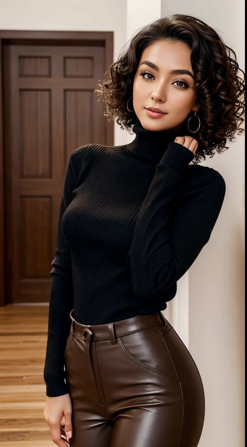 Beautiful arafed Girl 25 years old, slender, firm, dark short curly hair, fine nice detaild face, black turtleneck knitted tight sweather, brown eyes, long eyelashes, white pants, boots