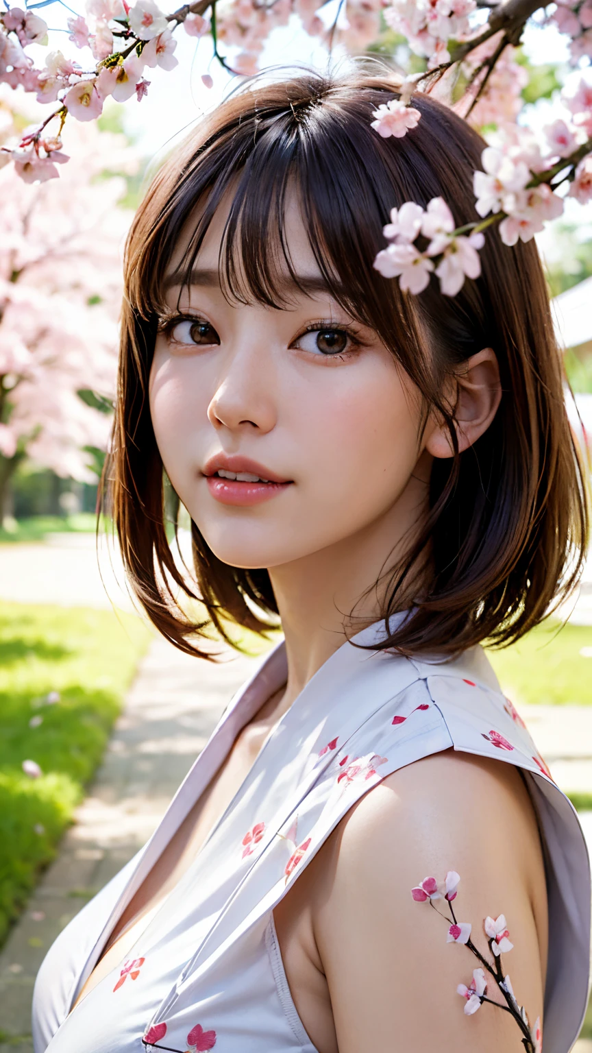 (A logo、masterpiece、8K、masutepiece、Raw photo、Fantastic、Best Quality、Photorealistic and highly detailed CG integrated 8K wallpaper、hightquality、ighly detailed、epic poem、Particle effect、Dynamic effects、depth of fields、Cinematic Light、Lens Flare、Ray tracing)、Fantasia、 (Beauty 1 person、White Japanese Clothing、Japanese dress、White cherry blossom pattern、White cherry blossom embroidery pattern、A dark-haired、Beautiful face、Real Face、beautiful details eyes beautiful skin)、Hair flutters in the wind、Hair jumps、Pink cherry blossom tree、Petals flutter、Sakura blizzard、Superb view、morning glow、Sun in the background、the wind、Deities、tusk、myth、Vast Land、