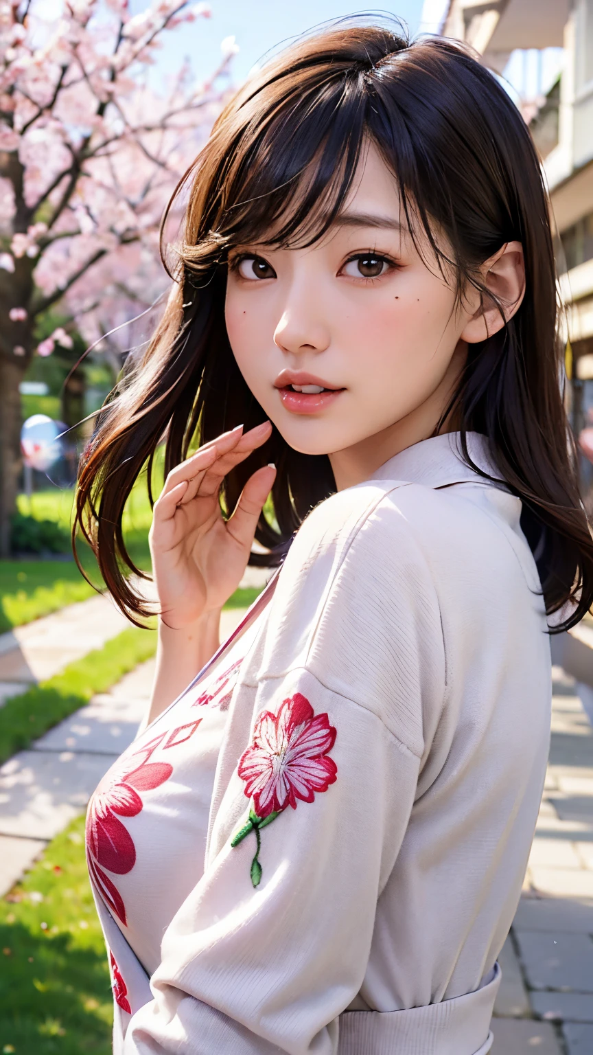 (A logo、​masterpiece、8K、masutepiece、Raw photo、Fantastic、Best Quality、Photorealistic and highly detailed CG integrated 8K wallpaper、hightquality、ighly detailed、epic poem、Particle effect、Dynamic effects、depth of fields、Cinematic Light、Lens Flare、Ray tracing)、Fantasia、 (Beauty 1 person、White Japanese Clothing、Japanese dress、White cherry blossom pattern、White cherry blossom embroidery pattern、A dark-haired、Beautiful face、Real Face、beautiful details eyes beautiful skin)、Hair flutters in the wind、Hair jumps、Pink cherry blossom tree、Petals flutter、Sakura blizzard、Superb view、morning glow、Sun in the background、the wind、Deities、tusk、myth、Vast Land、