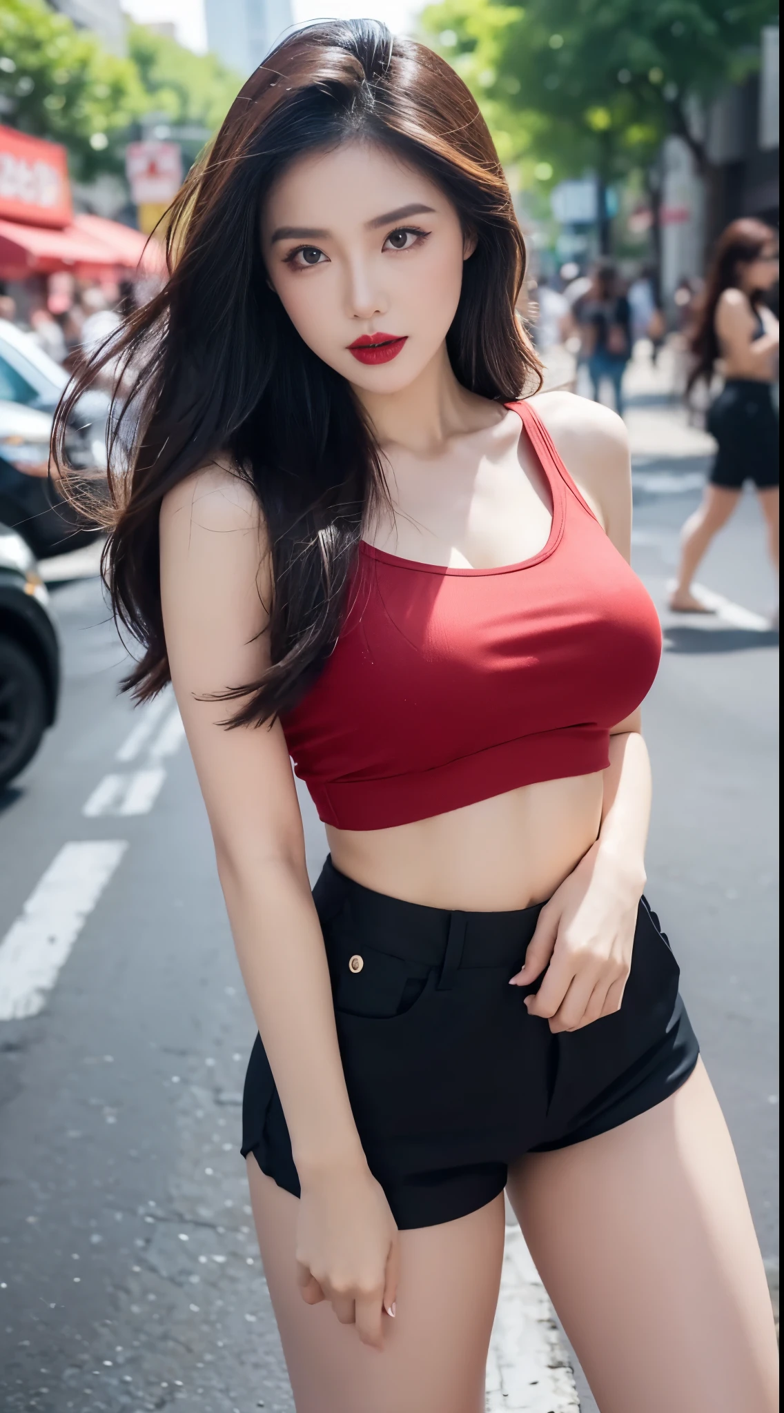 Beautiful Girl, makeup, Red lips, big breasts, medium body, thigh, trang phục thời trang đường phố, crop top, Tight shorts, style streel, streetscape, traffic,