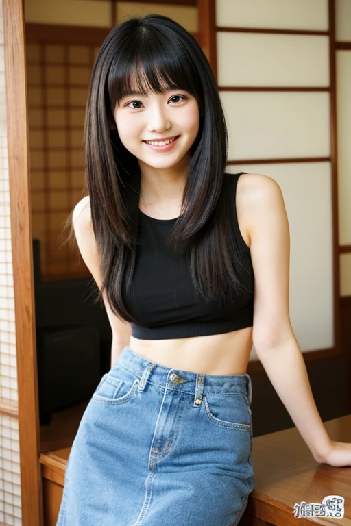 Cute smiling girl in the room,Japan 25 years old,Long black hairstyle,I have a smartphone,Beautuful Women