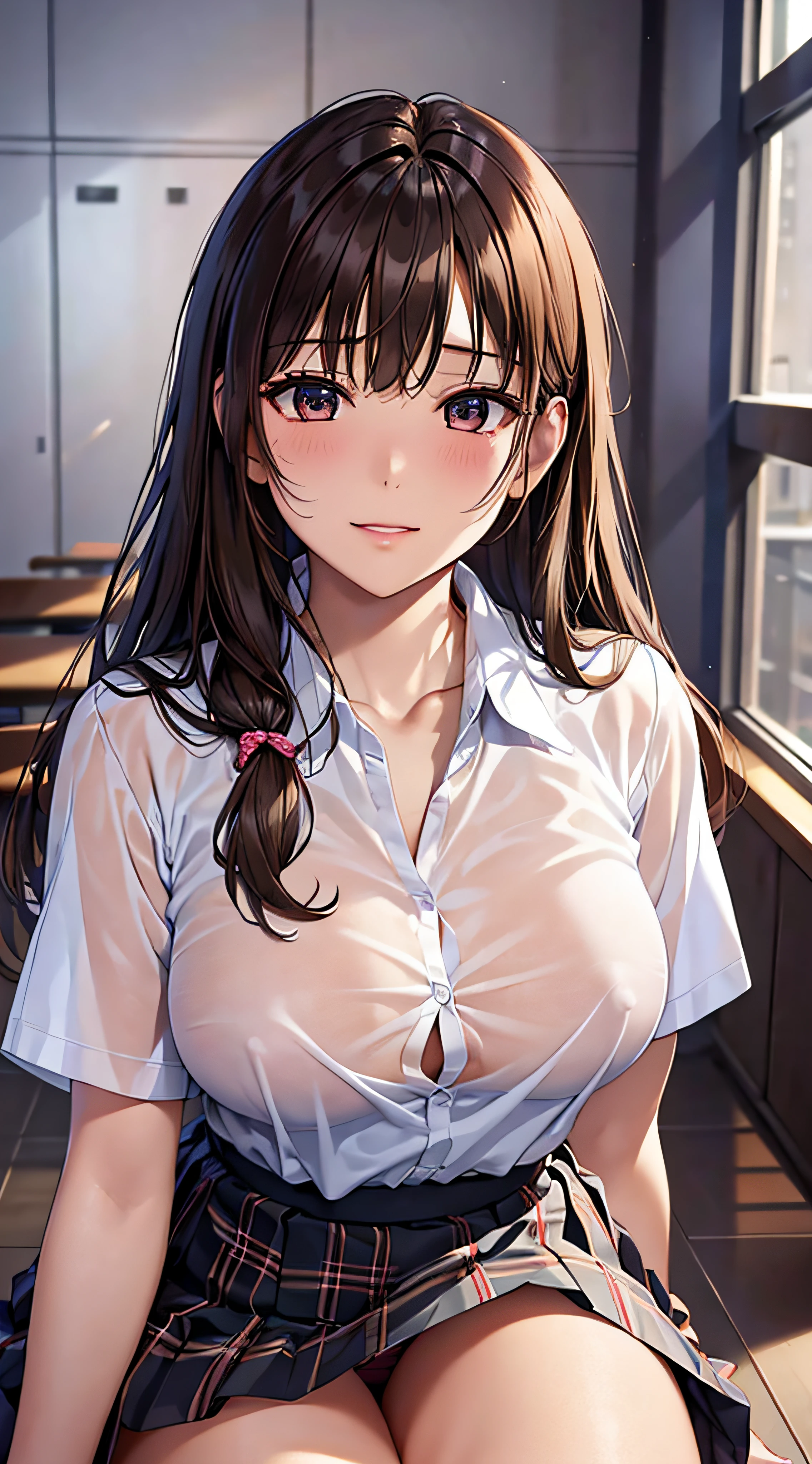 ((masutepiece, Best Quality, hight resolution, nffsw, Perfect Pixel, 4K, nffsw, nffsw))), 1girl in, Single, Solo, Beautie、full body seen、 ((Middle Wave Hair, Bangs, Brown hair)), ((Brown-eyed, Beautiful eyelashes, Realistic eyes)), ((Detailed face, Blushing:1.2)), ((Smooth texture:0.75, Realistic texture:0.65, Photorealistic:1.1, Anime CG style)), medium breasts, Dynamic Angle, Perfect body, ((School uniform, White shirt, Black skirt, Unbuttoned shirt、(no-bra、See-through nipples)、plaid skirts、)), Classrooms without people、early evening、((((all-fours、Looks Back、Transverse breasts))))、Very embarrassing panic smile、(Pink floral lace panties)、、(Cute floral bra)、