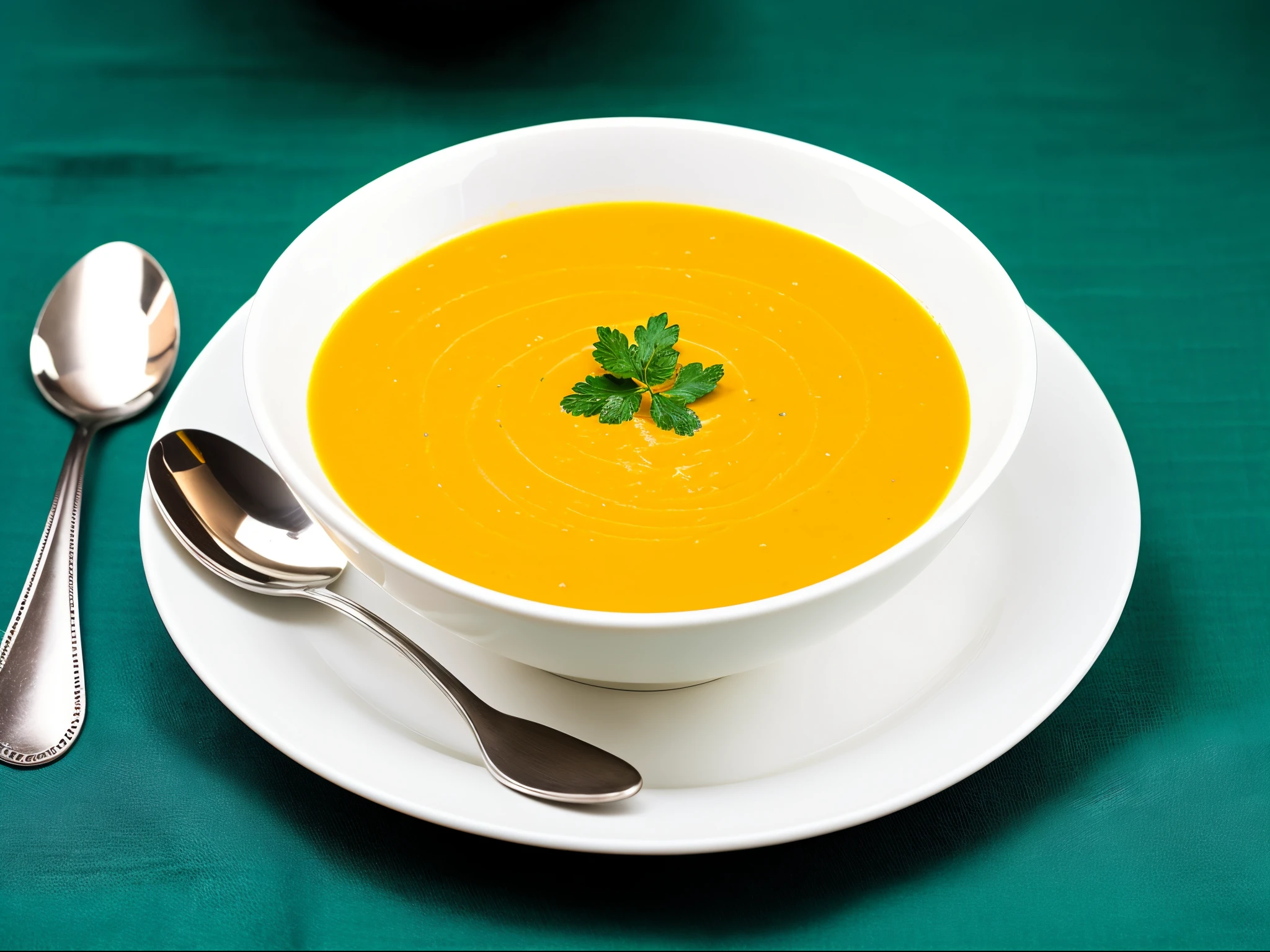 High quality food photography, Creamy Pumpkin Soup, professional food photography, European dining table environment, 清晰的线条, Clear detail, White fashion,closeup cleavage,Desktop settings,Gourmet product advertising