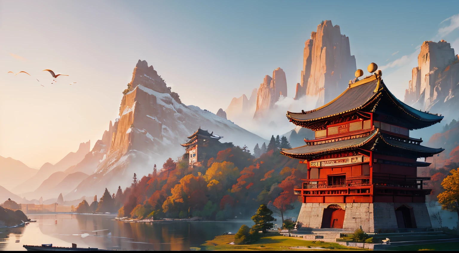(Ancient Chinese style,夏天,Far Mountain,The left side of the picture is natural scenery,On the right are ancient Chinese buildings and street quality,4K,8K,A high resolution,tmasterpiece:1.2),ultra - detailed,(actual,realistically,realistically:1.37),Lighting,Traditional chinese painting,Many colors,natural lightting,City Gate Aberyti