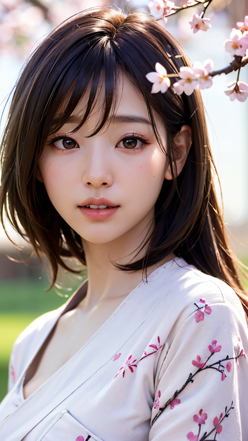 (A logo、masterpiece、8K、masutepiece、Raw photo、Fantastic、Best Quality、Photorealistic and highly detailed CG integrated 8K wallpaper、hightquality、ighly detailed、epic poem、Particle effect、Dynamic effects、depth of fields、Cinematic Light、Lens Flare、Ray tracing)、Fantasia、 (Beauty 1 person、White Japanese Clothing、Japanese dress、White cherry blossom pattern、White cherry blossom embroidery pattern、A dark-haired、Beautiful face、Real Face、beautiful details eyes beautiful skin)、Hair flutters in the wind、Hair jumps、Pink cherry blossom tree、Petals flutter、Sakura blizzard、Superb view、morning glow、Sun in the background、the wind、Deities、tusk、myth、Vast Land、