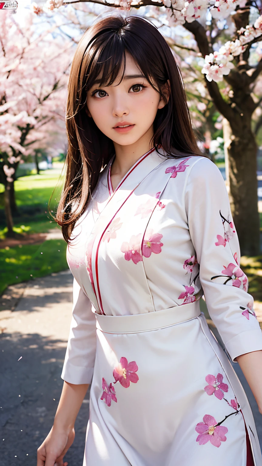 (A logo、masterpiece、8K、masutepiece、Raw photo、Fantastic、Best Quality、Photorealistic and highly detailed CG integrated 8K wallpaper、hightquality、ighly detailed、epic poem、Particle effect、Dynamic effects、depth of fields、Cinematic Light、Lens Flare、Ray tracing)、Fantasia、 (Beauty 1 person、White Japanese Clothing、Japanese dress、White cherry blossom pattern、White cherry blossom embroidery pattern、A dark-haired、Beautiful face、Real Face、beautiful details eyes beautiful skin)、Hair flutters in the wind、Hair jumps、Pink cherry blossom tree、Petals flutter、Sakura blizzard、Superb view、morning glow、Sun in the background、the wind、Deities、tusk、myth、Vast Land、
