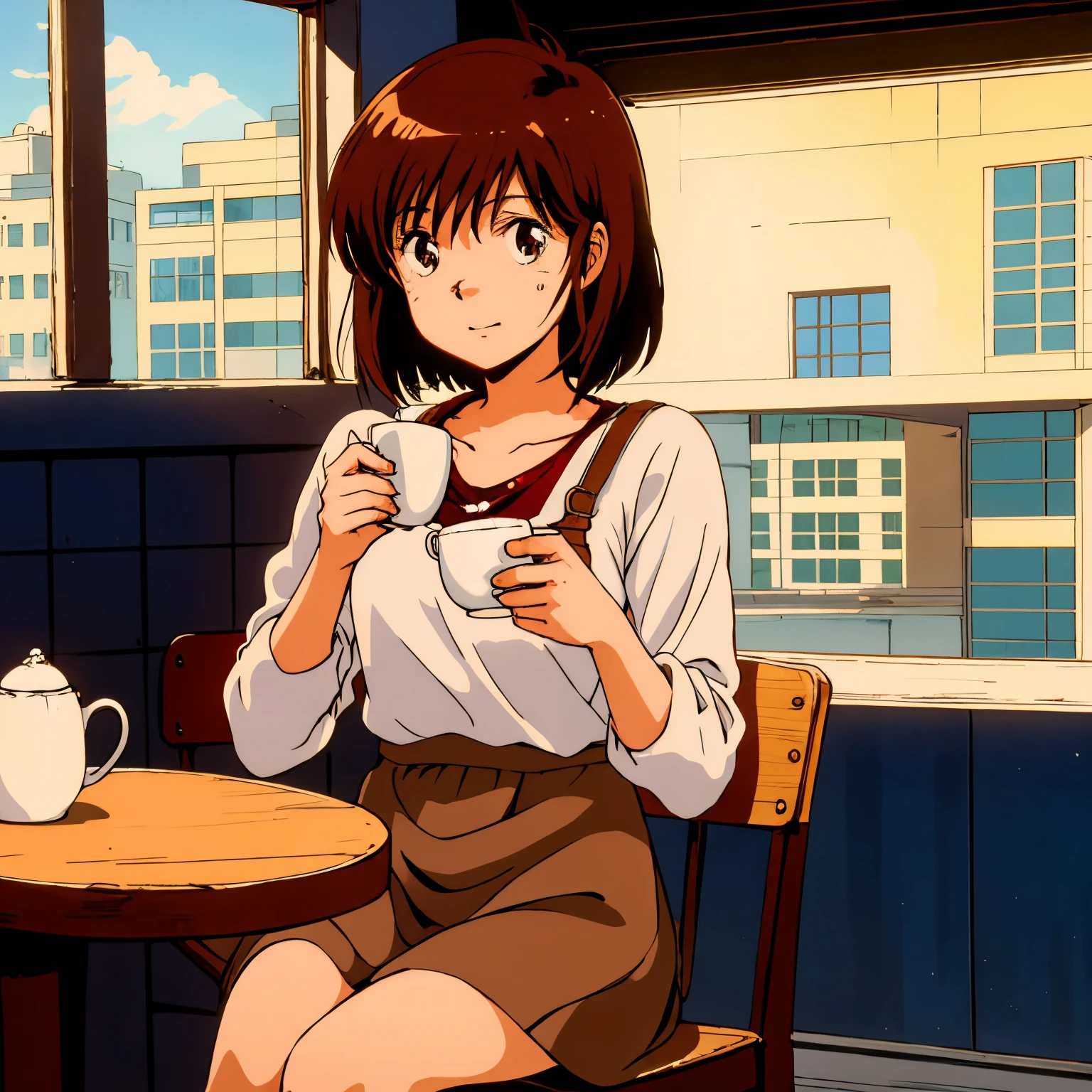 Girl sitting in café, drinking a cup of tea, fluffy mug, browny short hair, Cute clothes, rays of sunshine