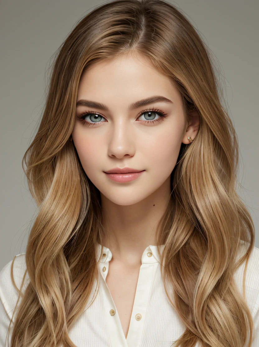 ((masterpiece、top-quality、realisitic、ultra-detailliert、hight resolution、Photorealsitic、foco nítido、lighting like a movie))、sony premium camera、in 8K、Photographing a beautiful girl from the front、Plain background、With an oval face and symmetrical facial structure、Big eyes、Khazar eye color、almond shape eyes、Straight and balanced nose、soft wavy dark golden hair、heart-shaped lip、Perfect eyebrows、Perfect ears、Soft skin、pale white skin、raise your chin slightly、Mouth closed、smil 、Bright light、High color saturation、High contrast、1girl in、blondehair、Long hair
