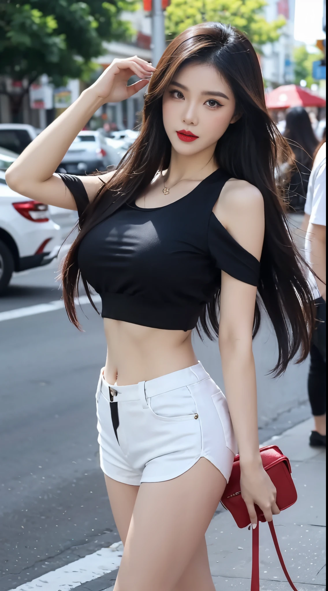 Beautiful Girl, makeup, Red lips, big breasts, medium body, thigh, trang phục thời trang đường phố, crop top, Tight shorts, style streel, streetscape, traffic,