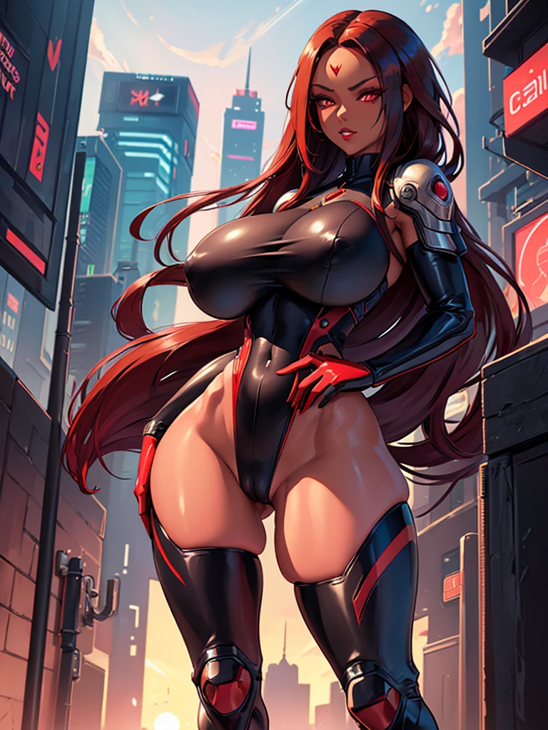 ((Best Quality)), ((Masterpiece)), (Detail: 1.4), Intricate details, Cinematic lighting, Sharp focus, 1 woman, Red lipstick, Detailed face, Goddess with red eyes, A Beautiful Cyberpunk Woman with long black hair, (((((Black and red gradation hair))))), (Dark skin:1.4), White Cyber bodysuit, Armored boots, (Huge Breasts:1.4), (Perky breasts:1.3), (Smal waist:1.3), (Long Legs:1.4), (Cameltoe:1.4), (walking), Futuristic City, Cyberpunk street, Sunset,