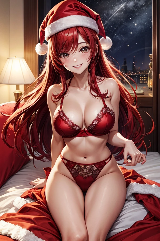 1 woman, red hair, lingerie, Santa hat, Christmas, masterpiece, best quality perfect face smile