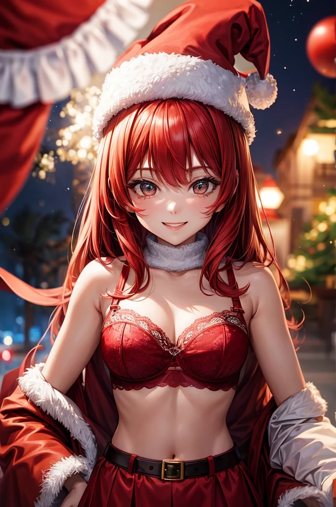1 woman, red hair, lingerie, Santa hat, Christmas, masterpiece, best quality perfect face smile