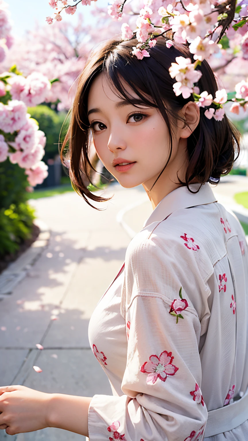 (A logo、masterpiece、8K、masutepiece、Raw photo、Fantastic、Best Quality、Photorealistic and highly detailed CG integrated 8K wallpaper、hightquality、ighly detailed、epic poem、Particle effect、Dynamic effects、depth of fields、Cinematic Light、Lens Flare、Ray tracing)、Fantasia、 (Beauty 1 person、White Japanese Clothing、Japanese dress、White cherry blossom pattern、White cherry blossom embroidery pattern、A dark-haired、Beautiful face、Real Face、beautiful details eyes beautiful skin)、Hair flutters in the wind、Hair jumps、Pink cherry blossom tree、Petals flutter、Sakura blizzard、Superb view、morning glow、Sun in the background、the wind、Deities、tusk、myth、Vast Land、