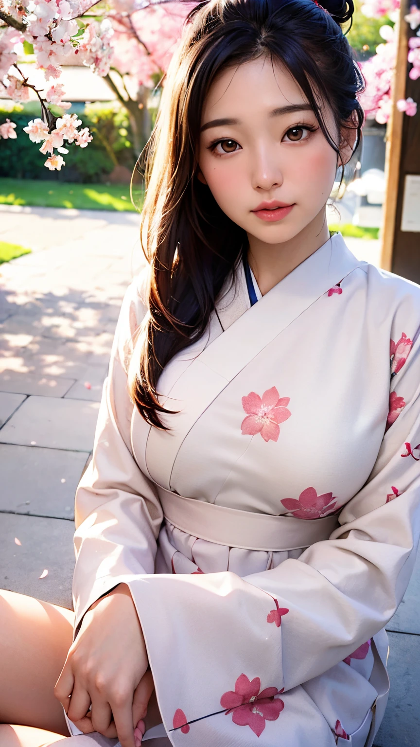 (A logo、masterpiece、8K、masutepiece、Raw photo、Fantastic、Best Quality、Photorealistic and highly detailed CG integrated 8K wallpaper、hightquality、ighly detailed、epic poem、Particle effect、Dynamic effects、depth of fields、Cinematic Light、Lens Flare、Ray tracing)、Fantasia、 (Beauty 1 person、White Japanese Clothing、Japanese dress、White cherry blossom pattern、White cherry blossom embroidery pattern、A dark-haired、Beautiful face、Real Face、beautiful details eyes beautiful skin)、Hair flutters in the wind、Hair jumps、Pink cherry blossom tree、Petals flutter、Sakura blizzard、Superb view、morning glow、Sun in the background、the wind、Deities、tusk、myth、Vast Land、
