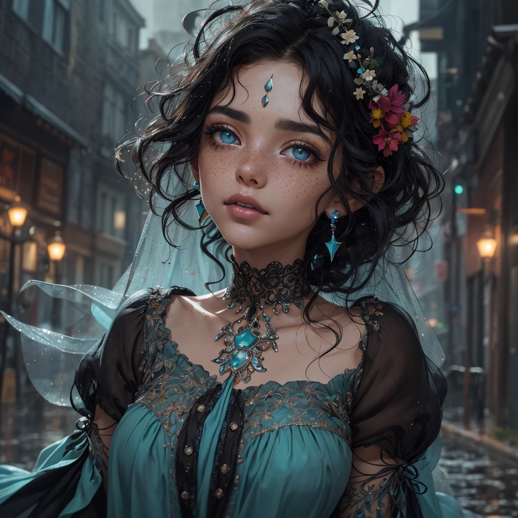 closeup full body freckled Mexican woman in the morning rainy city, curly_hair black_hair flowers twinkling_lights | rainfall raindrops (traditional mexican dress) (black cyan red) stormy | short_neck | colorful | complementary colors | city backdrop woman perfect eyes | anime_realism 3D perfect | gorgeous | subtractive_lighting | comicbook | overgrown | saturated_color | deep_color deep_depth_of_field | polished | whimsical gothic fairycore | stars | intricate beautiful ethereal makeup | freckles | long_brown_hair | high resolution bright sunny fantastical (HDR) (3D animation realism) (digital photoillustration) (epic) (perfect eyes) (clear eyes) (bright eyes) (bright light) (dynamic lighting) (subtractive lighting) (gorgeous composition) (deep depth of field) (perfect ears) (gloss highlights) (polished chatoyant) (bright highlights) (deep shadows) (ambient occlusion) (hyperrealism) (unique features) (detailed) (whimsical) (fantastical) (stunning) (ultraquality) (16k) (sharp focus) (perfect dynamic pose)