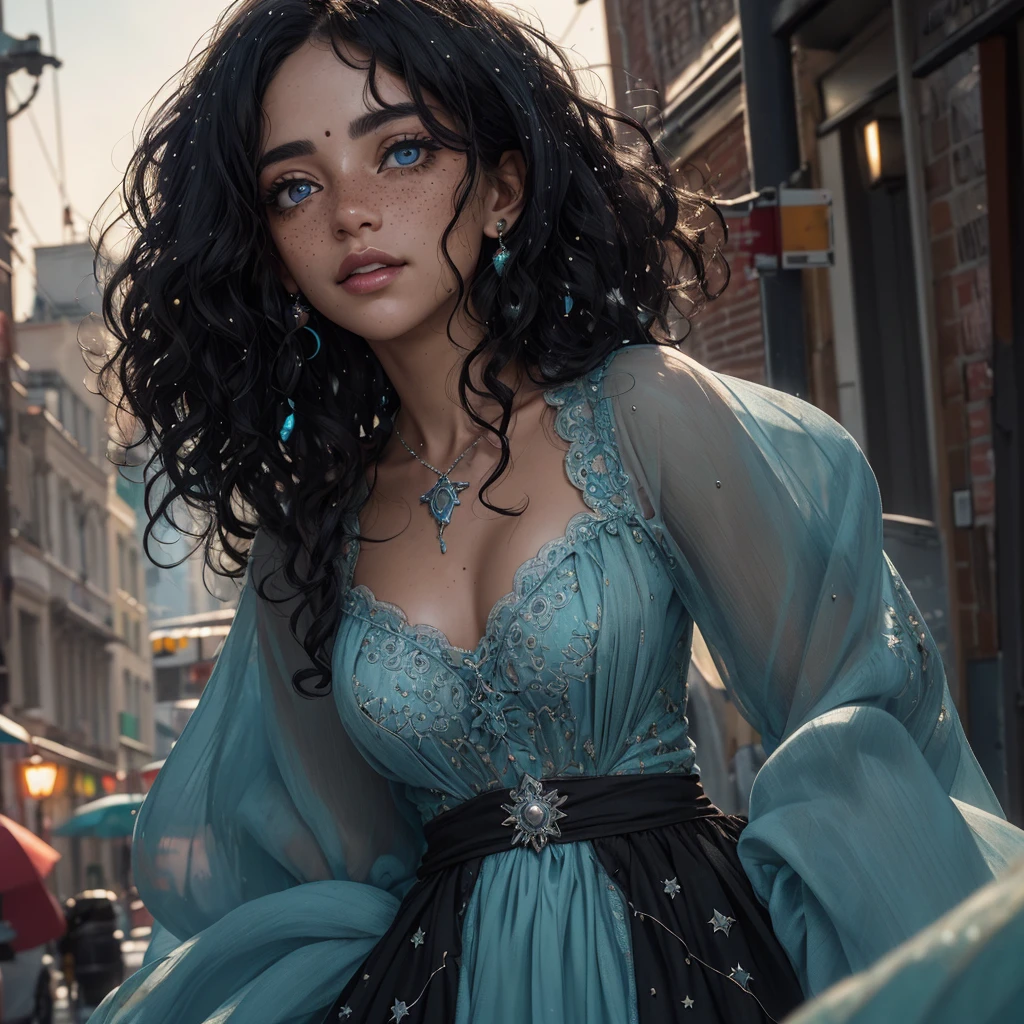 closeup full body freckled Mexican woman in the morning rainy city, curly_hair black_hair flowers twinkling_lights | rainfall raindrops (traditional mexican dress) (black cyan red) stormy | short_neck | colorful | complementary colors | city backdrop woman perfect eyes | anime_realism 3D perfect | gorgeous | subtractive_lighting | comicbook | overgrown | saturated_color | deep_color deep_depth_of_field | polished | whimsical gothic fairycore | stars | intricate beautiful ethereal makeup | freckles | long_brown_hair | high resolution bright sunny fantastical (HDR) (3D animation realism) (digital photoillustration) (epic) (perfect eyes) (clear eyes) (bright eyes) (bright light) (dynamic lighting) (subtractive lighting) (gorgeous composition) (deep depth of field) (perfect ears) (gloss highlights) (polished chatoyant) (bright highlights) (deep shadows) (ambient occlusion) (hyperrealism) (unique features) (detailed) (whimsical) (fantastical) (stunning) (ultraquality) (16k) (sharp focus) (perfect dynamic pose)