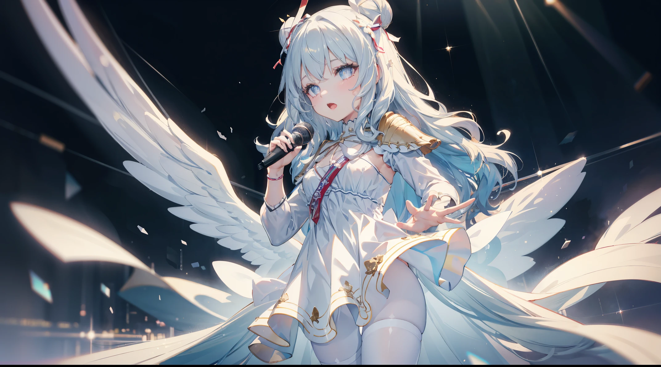 ((4k, masterpiece, top-quality)),8k, best quality, high resolution, HD, (illustration:0.8), super cute girl, delicate and beautiful face, mature girl, super cute hairstyle, (beautiful detailed eyes:1.6), extremely detailed face, perfect lighting, extremely detailed CG, (perfect hands, perfect anatomy), super complex details, intricate details, Best quality, le malin holding a microphone with her two hands and singing, hands on microphone, microphone, holding with two hands, open mouth, singing, le malin, star-shaped pupils, double bun, blue eyes, very long hair, hair bun, bow, white hair, sidelocks, blue hair ribbon, ribbon, white _dress, angel_wings, white_legwear, long sleeves, white dress, pleated dress, thighband pantyhose, stage,