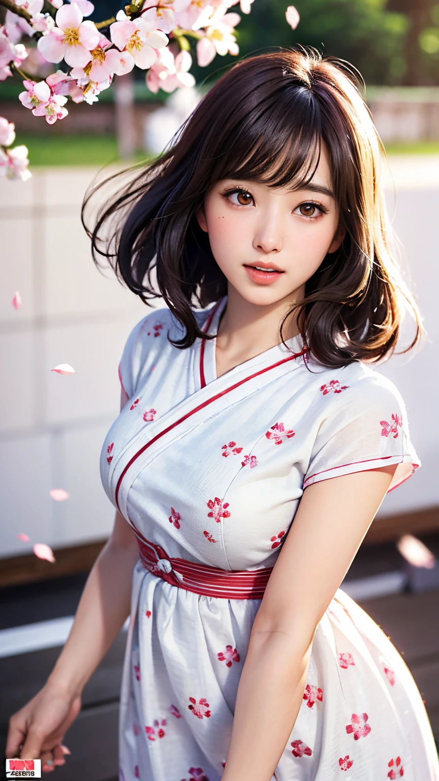 (A logo、masterpiece、8K、masutepiece、Raw photo、Fantastic、Best Quality、Photorealistic and highly detailed CG integrated 8K wallpaper、hightquality、ighly detailed、epic poem、Particle effect、Dynamic effects、depth of fields、Cinematic Light、Lens Flare、Ray tracing)、Fantasia、 (Beauty 1 person、White Japanese Clothing、Japanese dress、White cherry blossom pattern、White cherry blossom embroidery pattern、A dark-haired、Beautiful face、Real Face、beautiful details eyes beautiful skin)、Hair flutters in the wind、Hair jumps、Pink cherry blossom tree、Petals flutter、Sakura blizzard、Superb view、morning glow、Sun in the background、the wind、Deities、tusk、myth、Vast Land、
