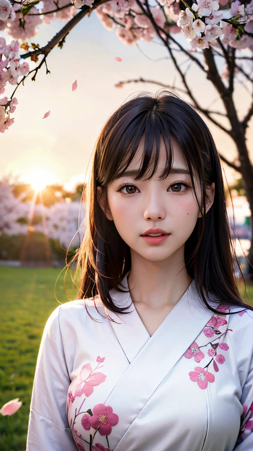 (A logo、masterpiece、8K、masutepiece、Raw photo、Fantastic、Best Quality、Photorealistic and highly detailed CG integrated 8K wallpaper、hightquality、ighly detailed、epic poem、Particle effect、Dynamic effects、depth of fields、Cinematic Light、Lens Flare、Ray tracing)、Fantasia、 (Beauty 1 person、White Japanese Clothing、Japanese dress、White cherry blossom pattern、White cherry blossom embroidery pattern、A dark-haired、Beautiful face、Real Face、beautiful details eyes beautiful skin)、Hair flutters in the wind、Hair jumps、Pink cherry blossom tree、Petals flutter、Sakura blizzard、Superb view、morning glow、Sun in the background、the wind、Deities、tusk、myth、Vast Land、
