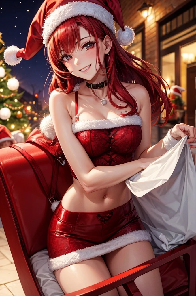 1 woman, adult, red hair, lingerie, Santa hat, Christmas, masterpiece, best quality perfect face smile