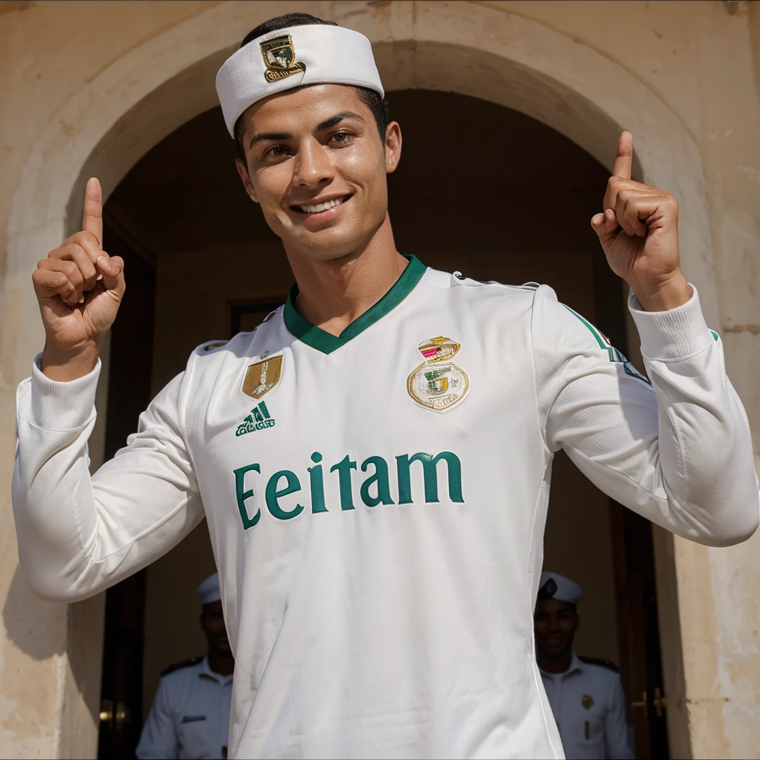 A picture of Cristiano Ronaldo celebrating in a Sudanese uniform while smiling