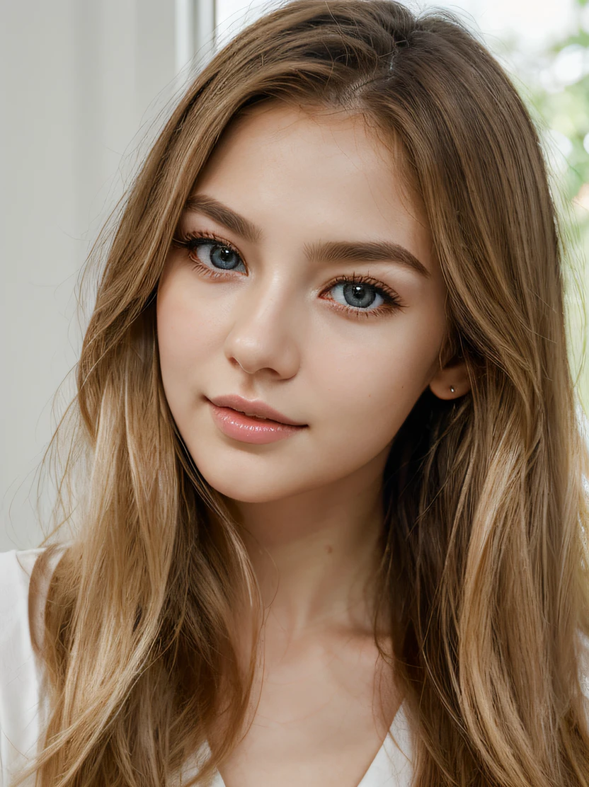 ((masterpiece、top-quality、realisitic、ultra-detailliert、hight resolution、Photorealsitic、foco nítido、lighting like a movie))、sony premium camera、in 8K、Photographing a beautiful girl from the front、Plain background、With an oval face and symmetrical facial structure、Big eyes、Khazar eye color、almond shape eyes、Straight and balanced nose、soft wavy dark golden hair、heart-shaped lip、Perfect eyebrows、Perfect ears、Soft skin、pale white skin、raise your chin slightly、Mouth closed、smil 、Bright light、High color saturation、High contrast、1girl in、blondehair、Long hair