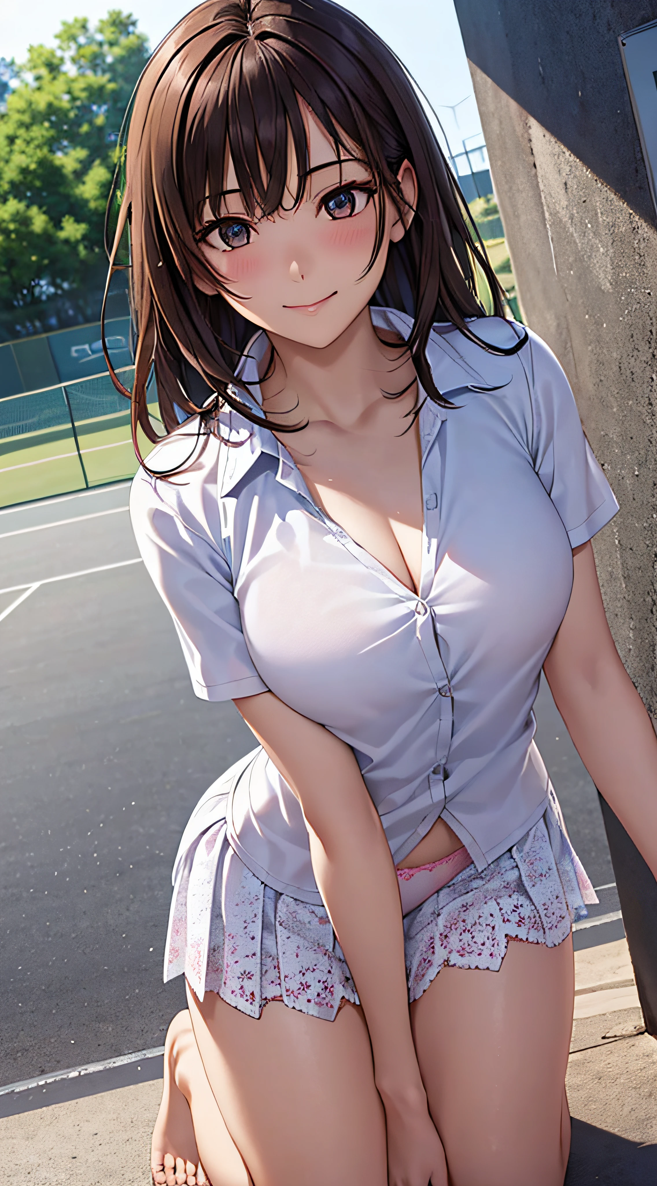 ((masutepiece, Best Quality, hight resolution, nffsw, Perfect Pixel, 4K, nffsw, nffsw))), 1girl in, Single, Solo, Beautie、full body seen、 ((Middle Wave Hair, Bangs, Brown hair)), ((Brown-eyed, Beautiful eyelashes, Realistic eyes)), ((Detailed face, Blushing:1.2)), ((Smooth texture:0.75, Realistic texture:0.65, Photorealistic:1.1, Anime CG style)), medium breasts, Dynamic Angle, Perfect body, White tennis wear, Shirts with short sleeve collar、pleatedskirt,breasts looking、(no-bra)、、, tennis coat、during daytime、all-fours、Looks Back、Transverse breasts、Very embarrassing panic smile、(Pink floral lace panties)、