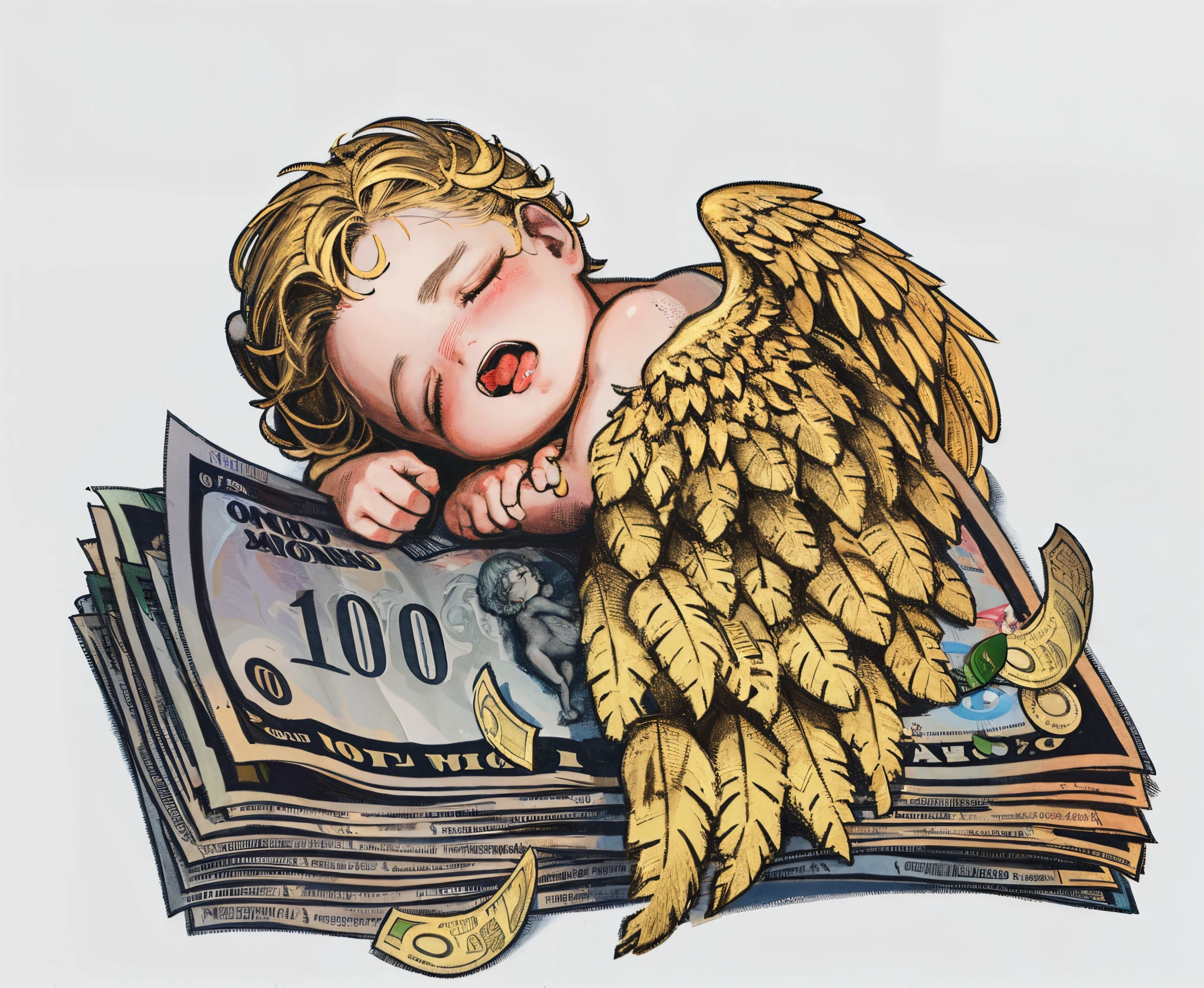 Picture of sleeping on pile of money, A windfall, death of the money lenders, Little angels, Angelic, totalitarian angel, Inspired by J.C. by Leon, Inspired by J. C. by Leon, winged boy, Poe's Angel, banknotes, digital art - w 700, Commercial illustration