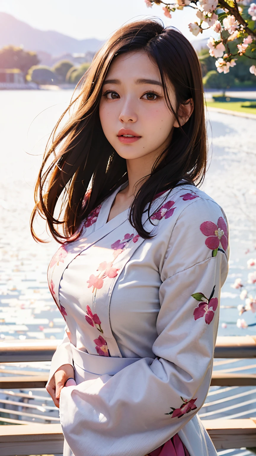 (A logo、masterpiece、8K、masutepiece、Raw photo、Fantastic、Best Quality、Photorealistic and highly detailed CG integrated 8K wallpaper、hightquality、ighly detailed、epic poem、Particle effect、Dynamic effects、depth of fields、Cinematic Light、Lens Flare、Ray tracing)、Fantasia、 (Beauty 1 person、White Japanese Clothing、Japanese dress、White cherry blossom pattern、White cherry blossom embroidery pattern、A dark-haired、Beautiful face、Real Face、beautiful details eyes beautiful skin)、Hair flutters in the wind、Hair jumps、Pink cherry blossom tree、Petals flutter、Sakura blizzard、Superb view、morning glow、Sun in the background、the wind、Deities、tusk、myth、Vast Land、