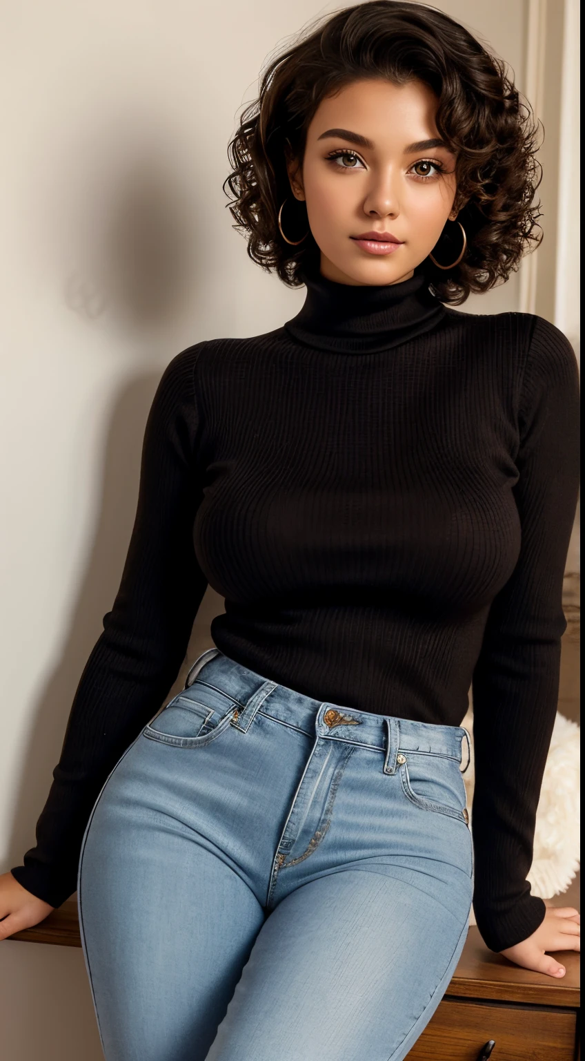 Beautiful lady , dark short curly hair, fine nice detaild face, black turtleneck knitted tight sweather, big boobs, brown eyes, long eyelashes, white jeans, open pose, glamour photo