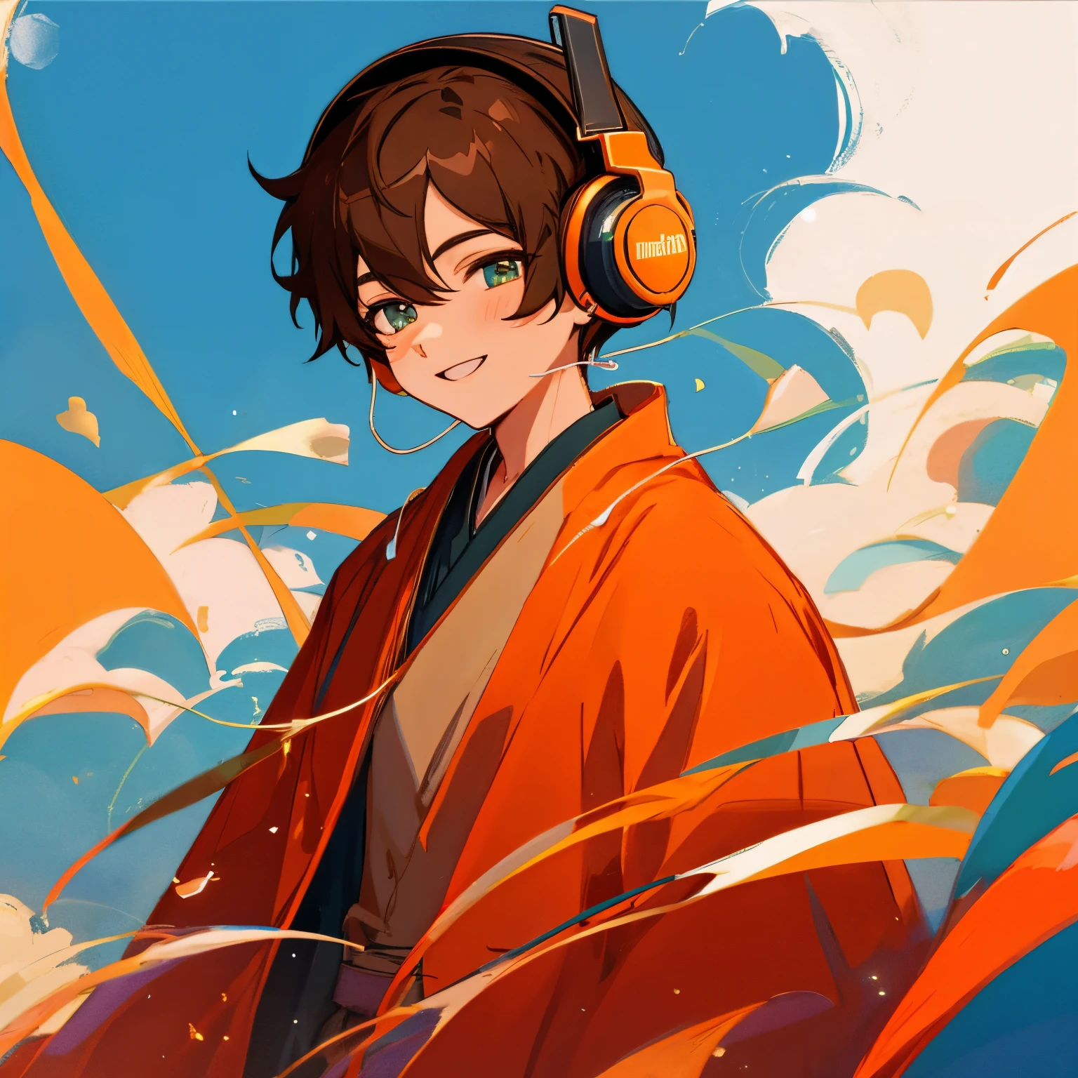 a cute little boy, 1 boy singing, wear an orange shirt, brown robe, brunette color hair, 黑The eye, Elaborate Eyes, Happy smile, There are headphones, clean backdrop, Delicate gloss, 8K