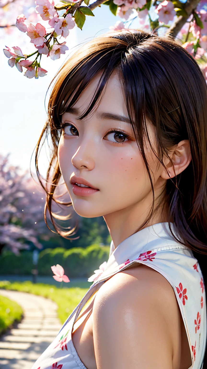 (A logo、​masterpiece、8K、masutepiece、Raw photo、Fantastic、Best Quality、Photorealistic and highly detailed CG integrated 8K wallpaper、hightquality、ighly detailed、epic poem、Particle effect、Dynamic effects、depth of fields、Cinematic Light、Lens Flare、Ray tracing)、Fantasia、 (Beauty 1 person、White Japanese Clothing、Japanese dress、White cherry blossom pattern、White cherry blossom embroidery pattern、A dark-haired、Beautiful face、Real Face、beautiful details eyes beautiful skin)、Hair flutters in the wind、Hair jumps、Pink cherry blossom tree、Petals flutter、Sakura blizzard、Superb view、morning glow、Sun in the background、the wind、Deities、tusk、myth、Vast Land、