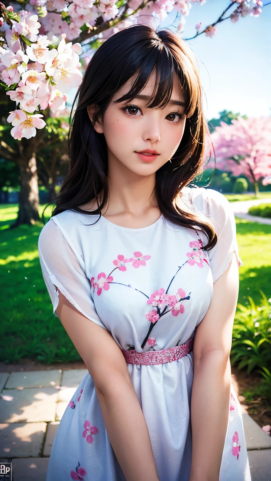 (A logo、masterpiece、8K、masutepiece、Raw photo、Fantastic、Best Quality、Photorealistic and highly detailed CG integrated 8K wallpaper、hightquality、ighly detailed、epic poem、Particle effect、Dynamic effects、depth of fields、Cinematic Light、Lens Flare、Ray tracing)、Fantasia、 (Beauty 1 person、White Japanese Clothing、Japanese dress、White cherry blossom pattern、White cherry blossom embroidery pattern、A dark-haired、Beautiful face、Real Face、beautiful details eyes beautiful skin)、Hair flutters in the wind、Hair jumps、Pink cherry blossom tree、Petals flutter、Sakura blizzard、Superb view、morning glow、Sun in the background、the wind、Deities、tusk、myth、Vast Land、