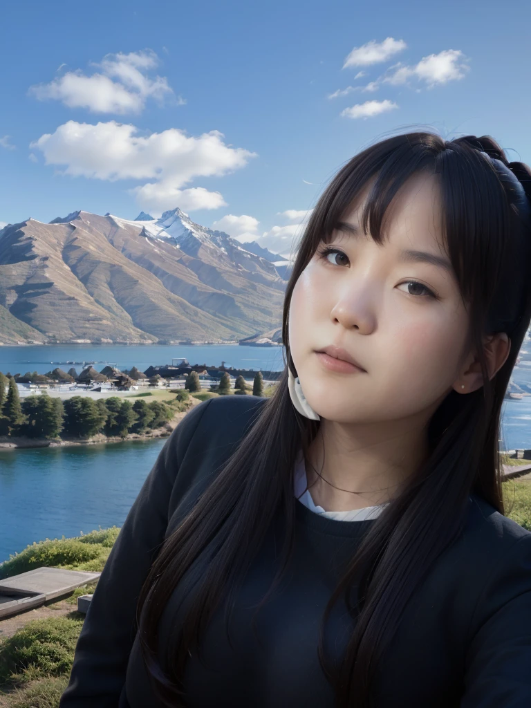 there is a woman that is standing in front of a lake, with mountains in the background, with mountains in background, paradise in the background, moutain in background, gemma chen, south east asian with round face, with mountains as background, sakimi chan, inspired by Ma Yuanyu, in a scenic background, mountains in the background