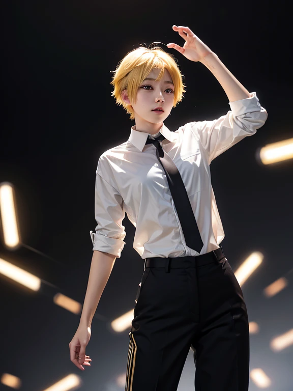 Create realistic images, shooting imaging , Japanese girl, short spiky yellow hair, Clear Buttons White Tight Office Shirt , Black tie, black pants. long, blur background ,