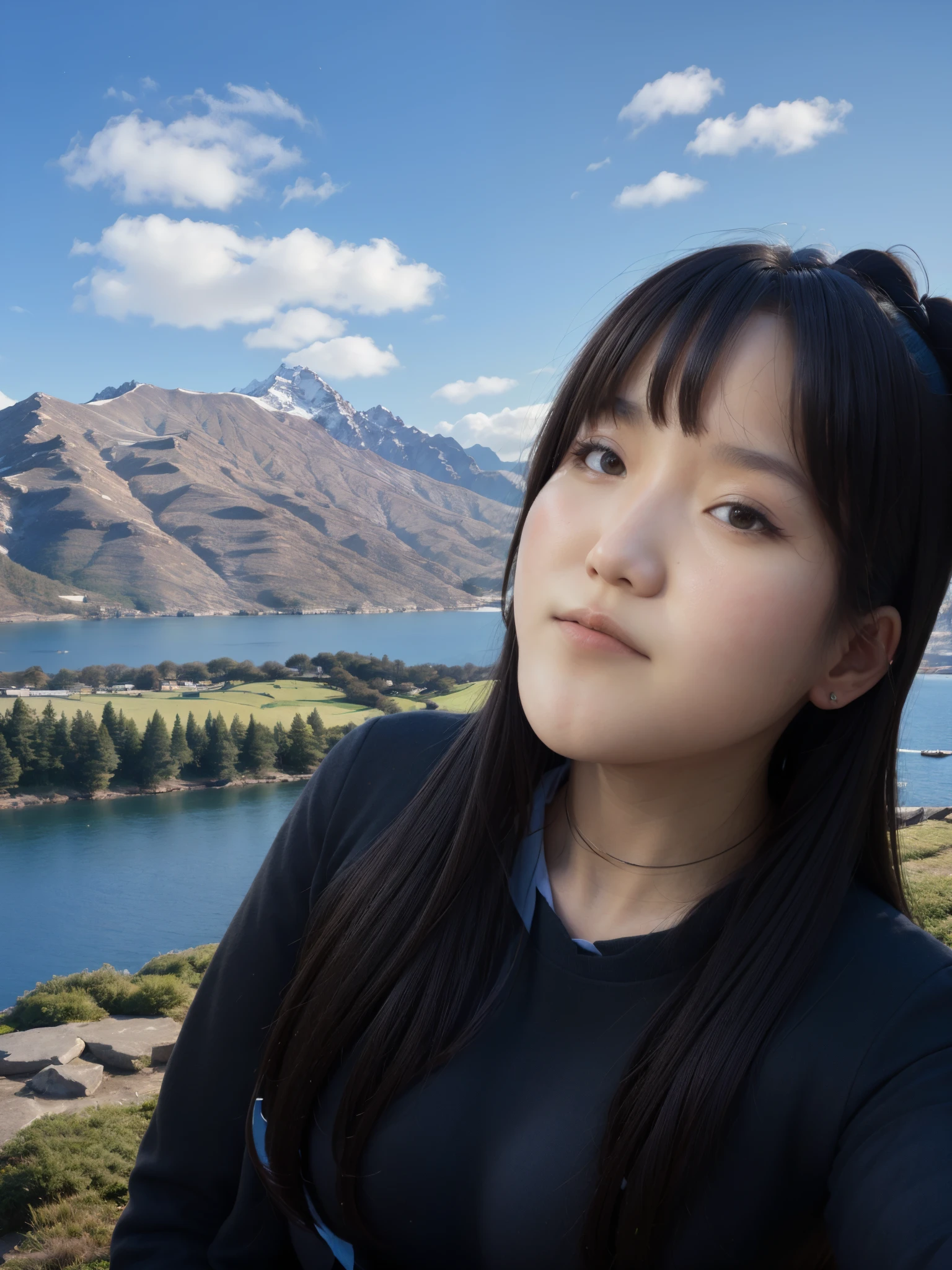 there is a woman that is standing in front of a lake, with mountains in the background, with mountains in background, paradise in the background, moutain in background, gemma chen, south east asian with round face, with mountains as background, sakimi chan, inspired by Ma Yuanyu, in a scenic background, mountains in the background