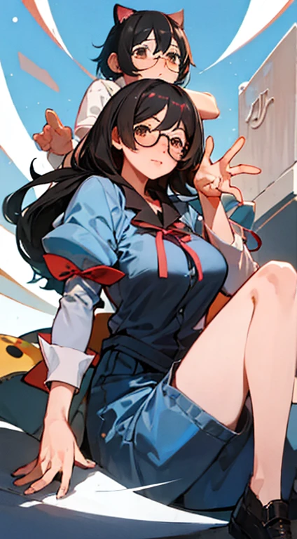Stema Peace、hanekawa tsubasa、attack of glasses、A dark-haired、large boob、 (Black hair, Brown eyes, Round face),With ribbon, (nose blush, half opened eye),, [Full body shot]、eye glass、Head-to-toe shots、A dark-haired、bikini-armor、