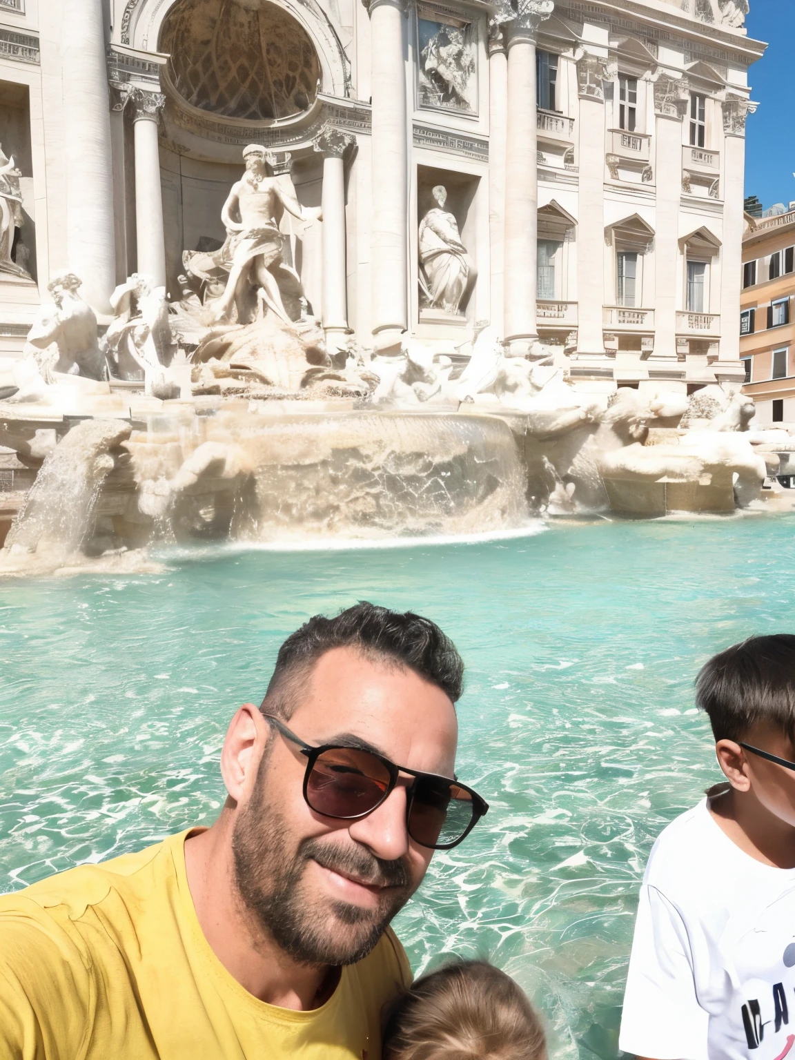 araffes are taking a picture of a man and a  in front of a fountain, happy!!!, eternal city, roma, 🪔 🎨;🌞🌄, rome, vacation photo, bernini, 🤬 🤮 💕 🎀, having a great time, stunning sight, tourists in background, very accurate photo, fountain in the middle